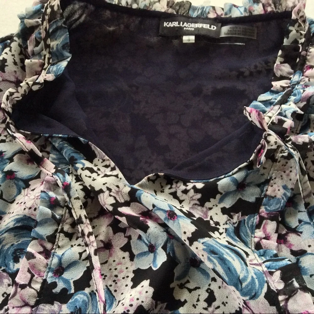 KARL LAGERFELD FLORAL TIE NECKLINE BLOUSE LARGE NWOT - Picture 6 of 8